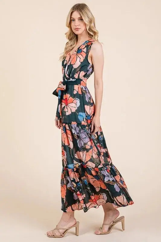 Lime 'N' Chili Floral Print Sleeveless Tie Waist Maxi Dress - Love Salve